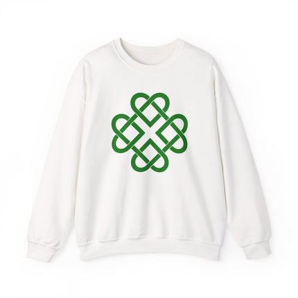 Green Celtic knot clover design on a white pullover sweatshirt.