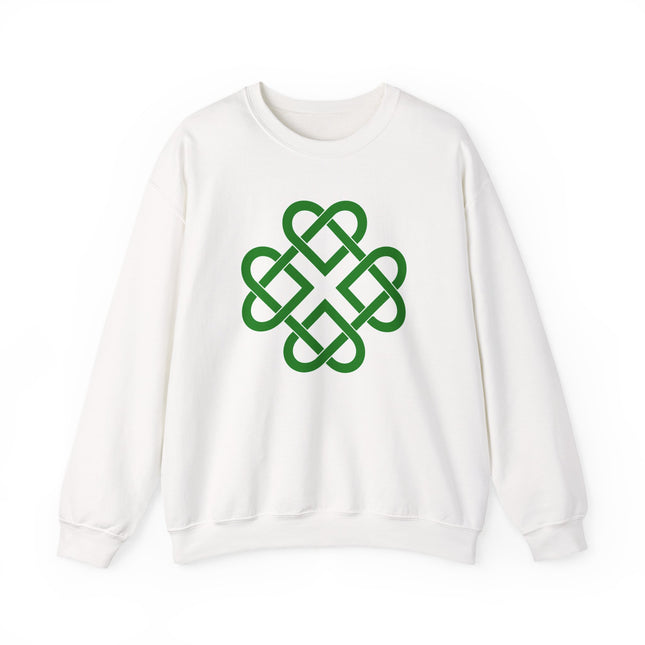 Green Celtic knot clover design on a white pullover sweatshirt.