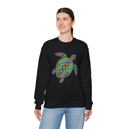Huichol art turtle design on black sweatshirt, vibrant Mexican geometric folk art print.