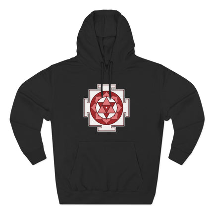 Sacred geometry Shiva Yantra symbol on a black pullover hoodie.