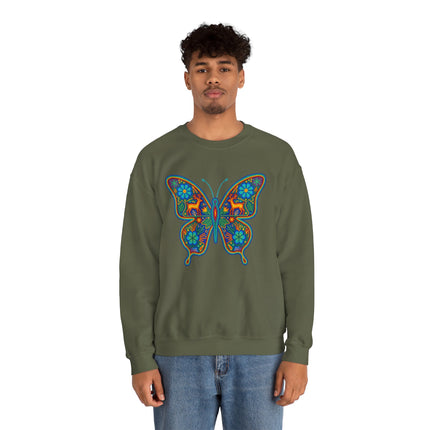 Boho Huichol art butterfly graphic on a green unisex pullover sweatshirt.