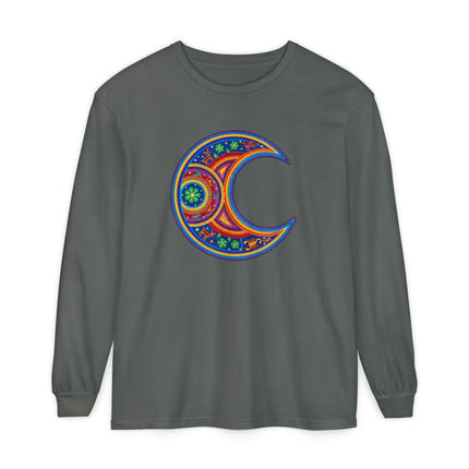 Huichol-Inspired Moon Long Sleeve T-Shirt | Colorful Crescent Art