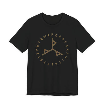 Black Norse t-shirt featuring a bind rune design surrounded by the Elder Futhark runic alphabet.