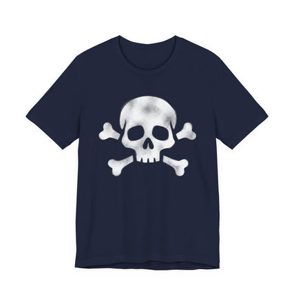 Distressed skull and crossbones graphic on a navy blue pirate t-shirt. Edgy jolly roger design.
