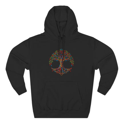 Vibrant Celtic Tree of Life (Yggdrasil) graphic on a black hoodie.