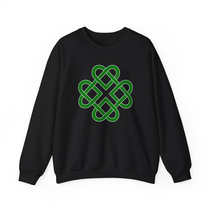 Green Celtic knot clover symbol graphic on a black pullover sweatshirt.