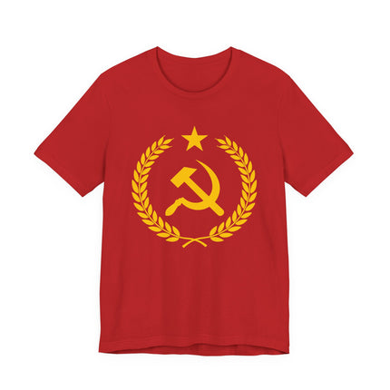 Red t-shirt featuring the communist hammer and sickle, star, and laurel wreath emblem.