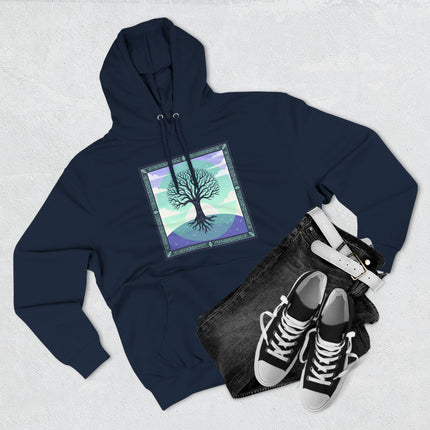 Mystical Celtic Tree of Life graphic on a navy hoodie, symbolizing nature, roots, and eternal life.