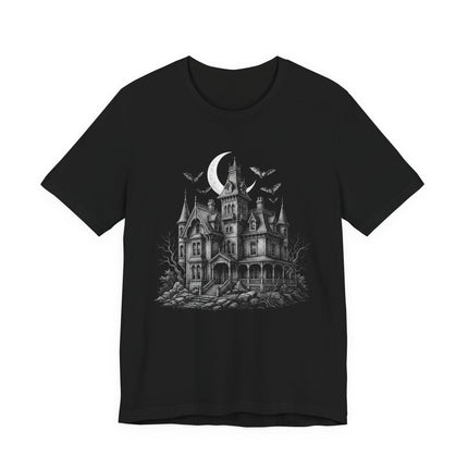 Spooky gothic haunted mansion illustration with bats and crescent moon.