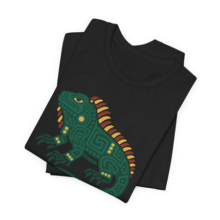 Mayan Iguana T-Shirt | Green Geometric Lizard with Striped Crest Tee