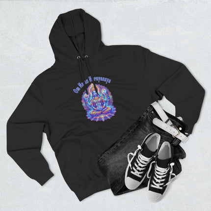 Psychedelic Om Namah Narayanaya Vishnu mandala design on a black spiritual hoodie.