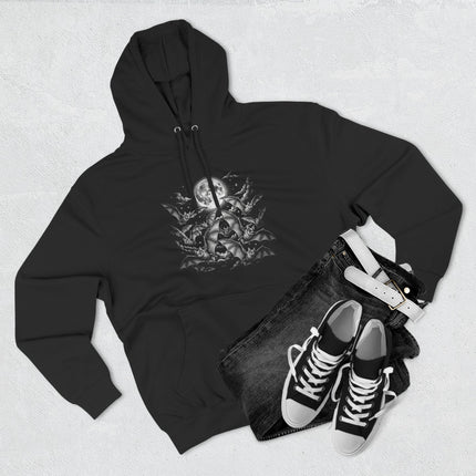 Gothic full moon and flying bats graphic on a black pullover hoodie. Celestial night art.