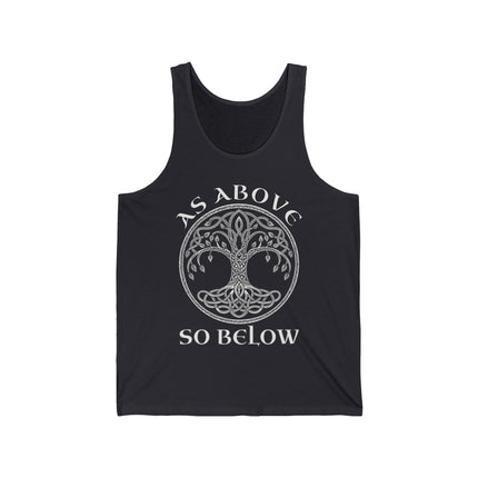 Black tank top with Celtic Tree of Life and "As Above So Below" spiritual symbolism.