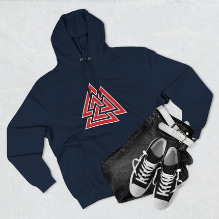 Norse Valknut symbol graphic on a navy pullover hoodie. Viking mythology apparel.
