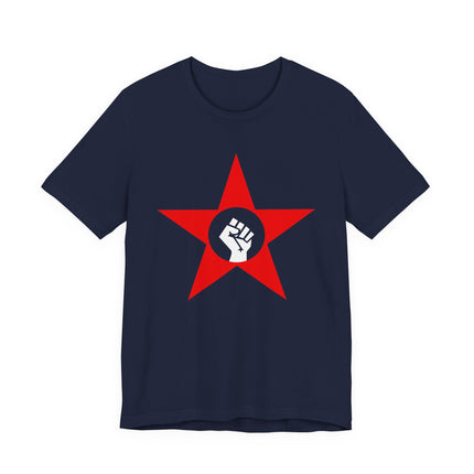 Red star and clenched fist graphic on a navy blue socialist t-shirt.