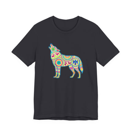 Vibrant Huichol folk art wolf graphic on a black t-shirt.