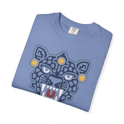 Aztec Jaguar Mask T-Shirt | Teal Feline Face with White Fang Details Tee