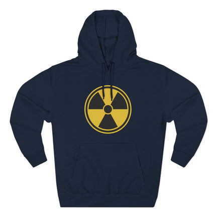 Dark hoodie featuring a yellow radioactive hazard symbol graphic print.