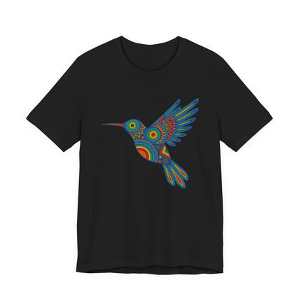 Colorful Huichol hummingbird graphic on a black t-shirt, featuring vibrant Mexican folk art design.
