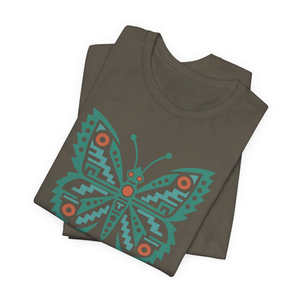 Aztec Butterfly T-Shirt | Red and Teal Geometric Wing Design Tee