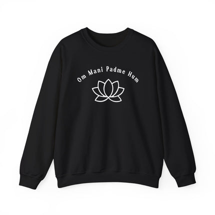Om Mani Padme Hum mantra and lotus graphic on a black spiritual sweatshirt.