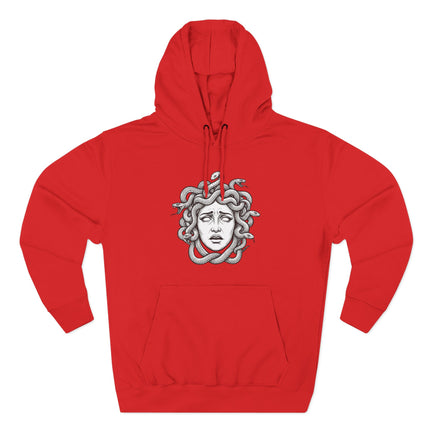 Medusa Gorgon head graphic with snakes for hair, inspired by Greek mythology.