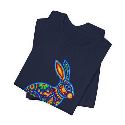 Vibrant Huichol Alebrije rabbit graphic tee featuring colorful Mexican folk art patterns.