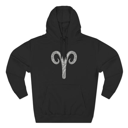 Aries zodiac tribal symbol graphic on a black unisex pullover hoodie.