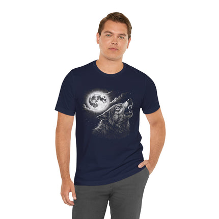 Howling wolf and full moon graphic on a dark blue t-shirt. Mystical night sky design.