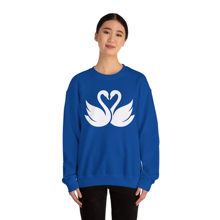 Minimalist swan graphic forming a heart on a blue pullover sweatshirt.