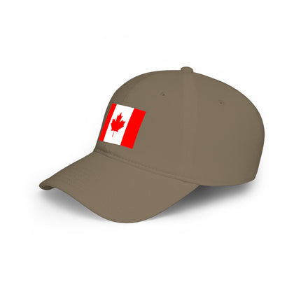 Khaki baseball cap featuring a printed Canadian flag and red maple leaf design.