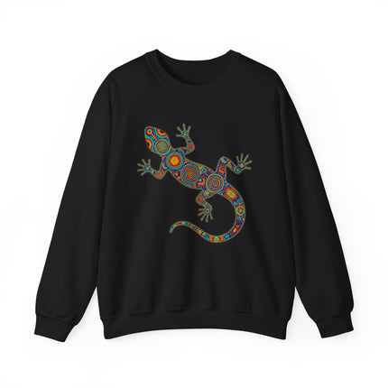 Colorful tribal lizard graphic inspired by Huichol art on black sweatshirt.