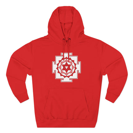 Red hoodie featuring the Matangi Yantra sacred geometry mandala print.