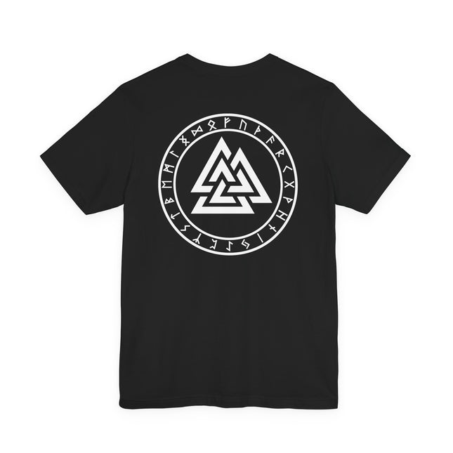 Norse Valknut Runic Back Print T-Shirt | Elder Futhark Rune Circle Viking Tee