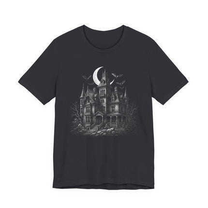 Haunted House Bats Moon T-Shirt | Spooky Gothic Mansion Halloween Tee