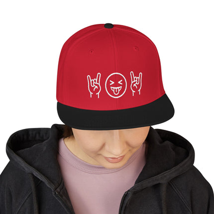 Red snapback hat with embroidered rock hand sign and emoji symbols.