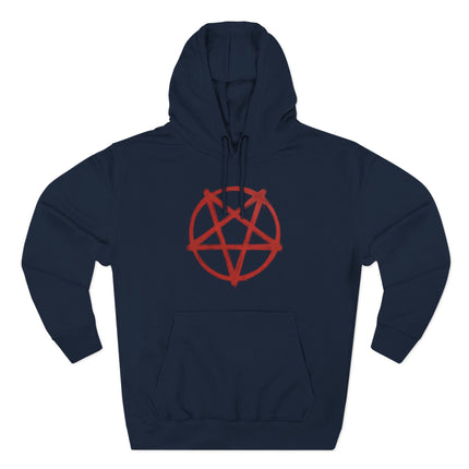 Dark blue hoodie featuring a red inverted pentagram occult symbol design.