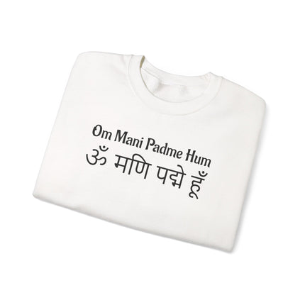 Om Mani Padme Hum mantra sweatshirt featuring Tibetan Buddhist design for yoga and meditation apparel.