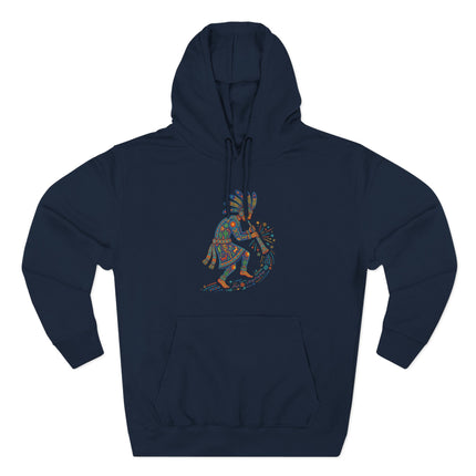Colorful Southwestern art hoodie featuring a flute player figure in Native American style.