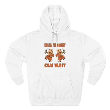 Funny monk hoodie design: Two cartoon monks drinking and the phrase "Enlightenment Can Wait.