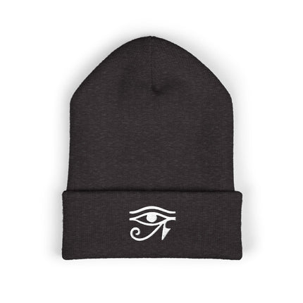 Eye of Ra Embroidered Cuffed Beanie with White Egyptian Symbol