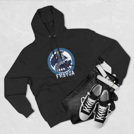 Freyja Norse Goddess graphic on a black hoodie, featuring her chariot and mythological cat.