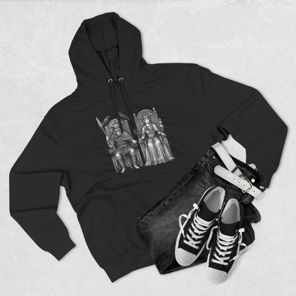 Odin and Frigg Norse gods illustration on a black pullover hoodie.