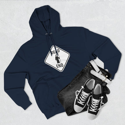 Dead End Grim Reaper sign graphic on a dark blue unisex pullover hoodie.