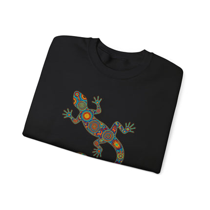 Colorful Huichol tribal gecko art print on unisex pullover sweatshirt.