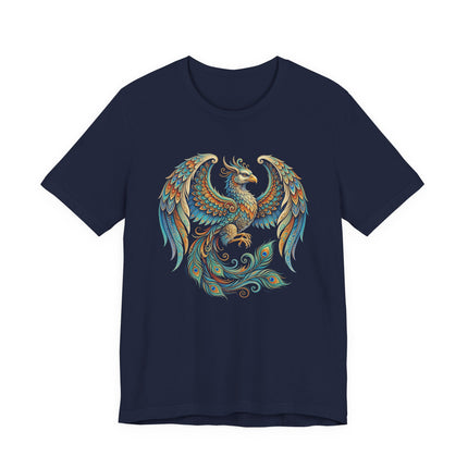 Colorful Homa Bird phoenix graphic tee featuring ornate Persian mythology art.