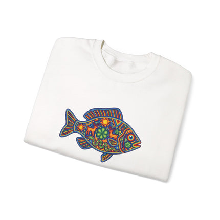 Colorful Huichol fish folk art print on a pullover sweatshirt featuring Mexican designs.