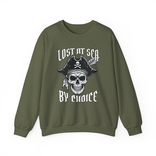 Nautical pirate skull sweatshirt featuring "Lost At Sea By Choice" graphic text.