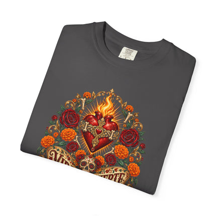 Vida y Muerte T-Shirt | Flaming Heart, Skull and Floral Artwork