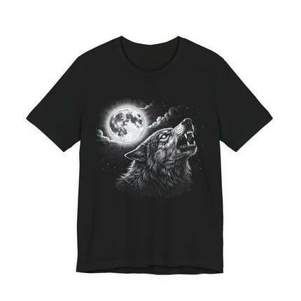 Howling wolf and full moon graphic print on a black t-shirt.